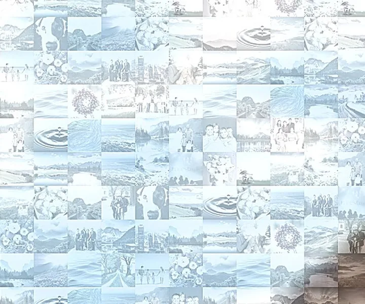 Close-up of a photo mosaic where each tile is a recognisable small photo of people, landscapes and flowers