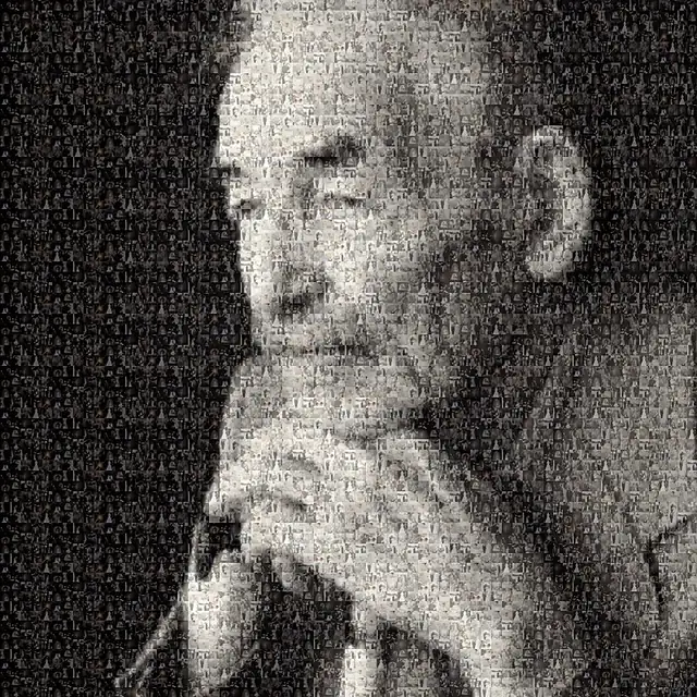 Black-and-white photo mosaic of an older man resting his chin on his hand, built from hundreds of small photos