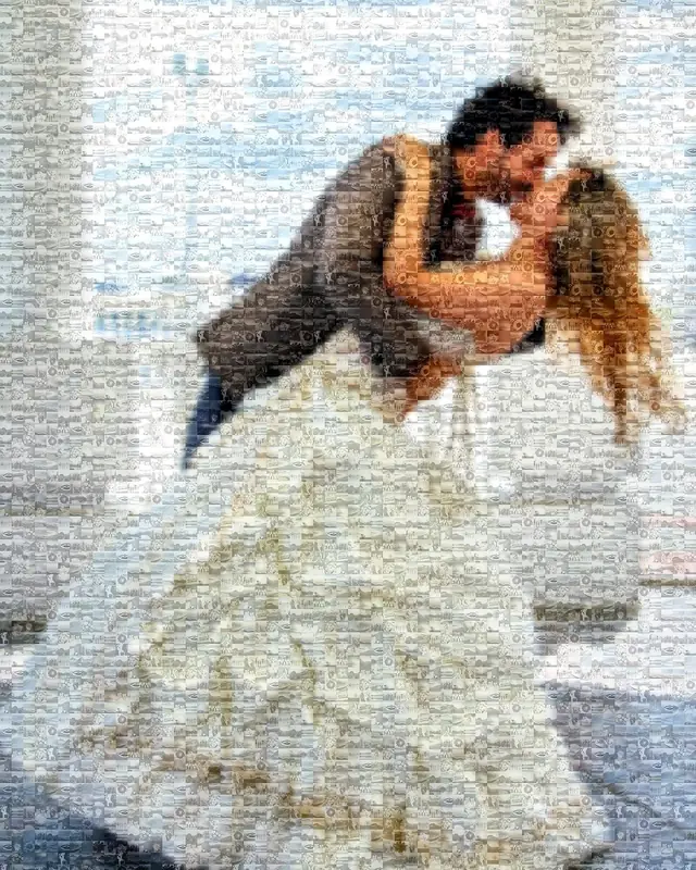 Beispiel für ein Fotomosaik aus einem Hochzeitsfoto: Brautpaar im Kuss, aus Hunderten kleinen Fotos zusammengesetzt