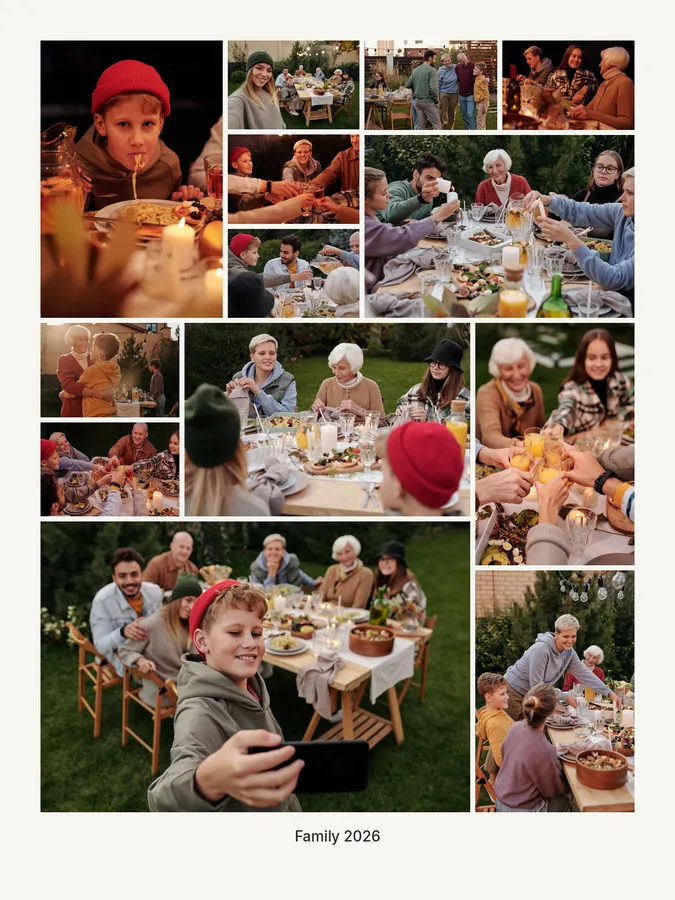 Beispiel einer Fotocollage „Familie“: 13 Fotos auf Fine-Art-Papier, 45×60 cm