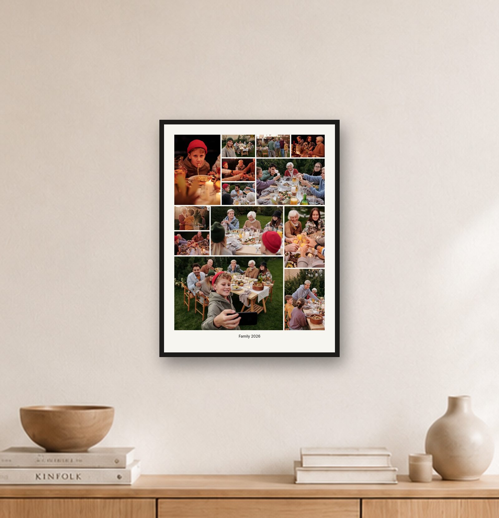 A 45×60 cm Story Collage print on a living-room wall