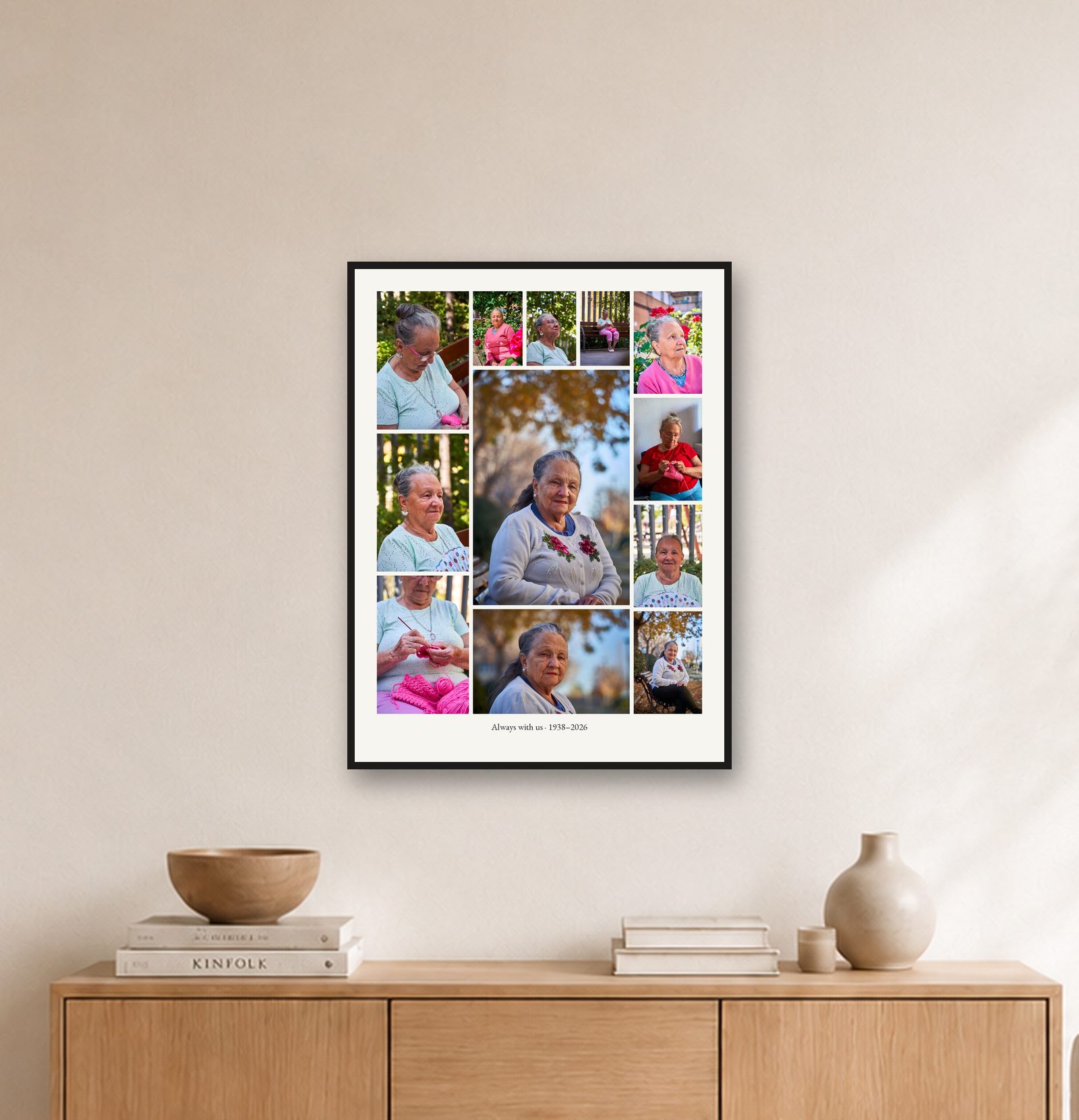 Eine Fotocollage im Format 60×80 cm an einer Wohnzimmerwand