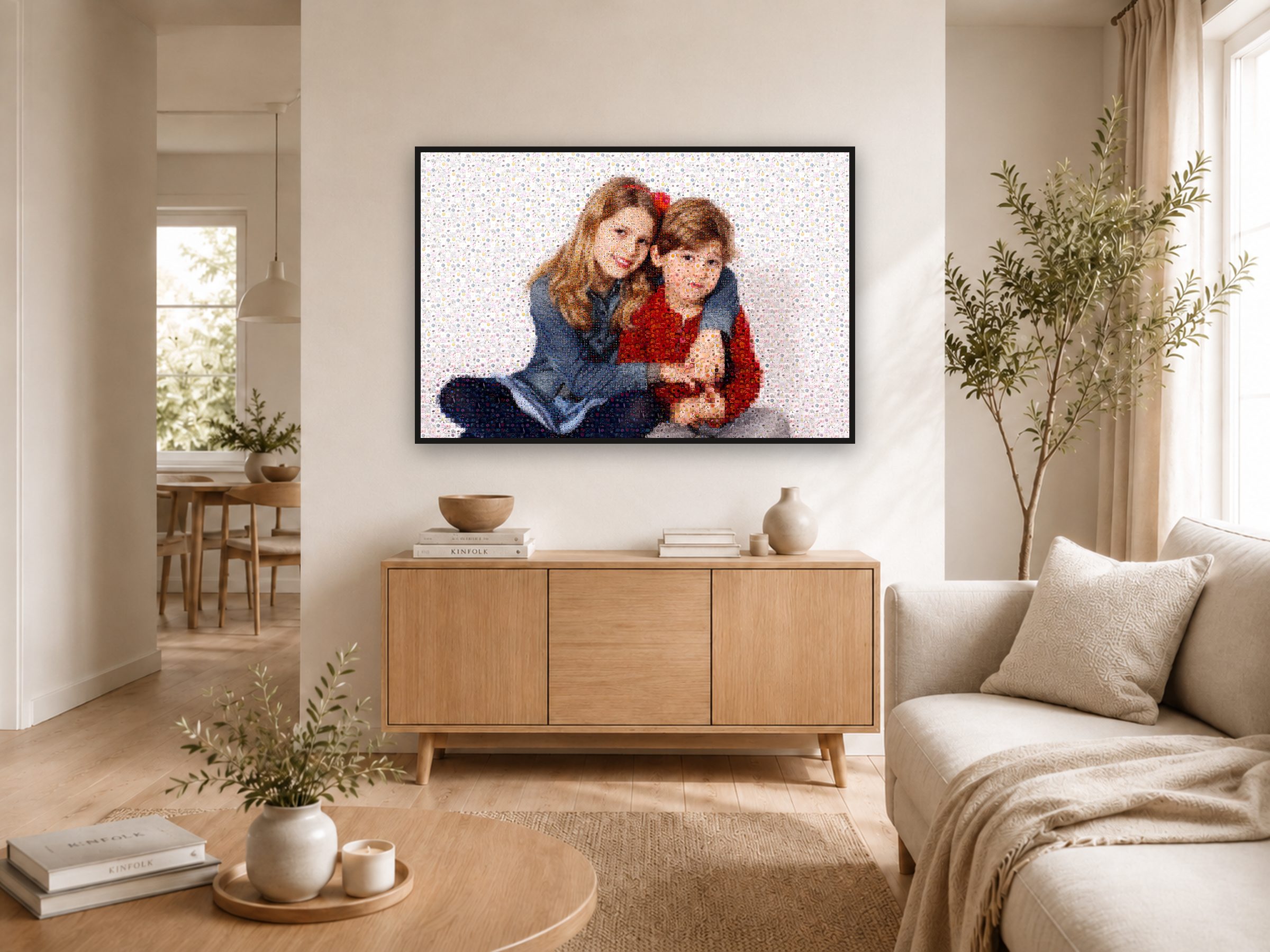 Photo mosaic portrait made from thousands of individual flower photos, framed on a living-room wall