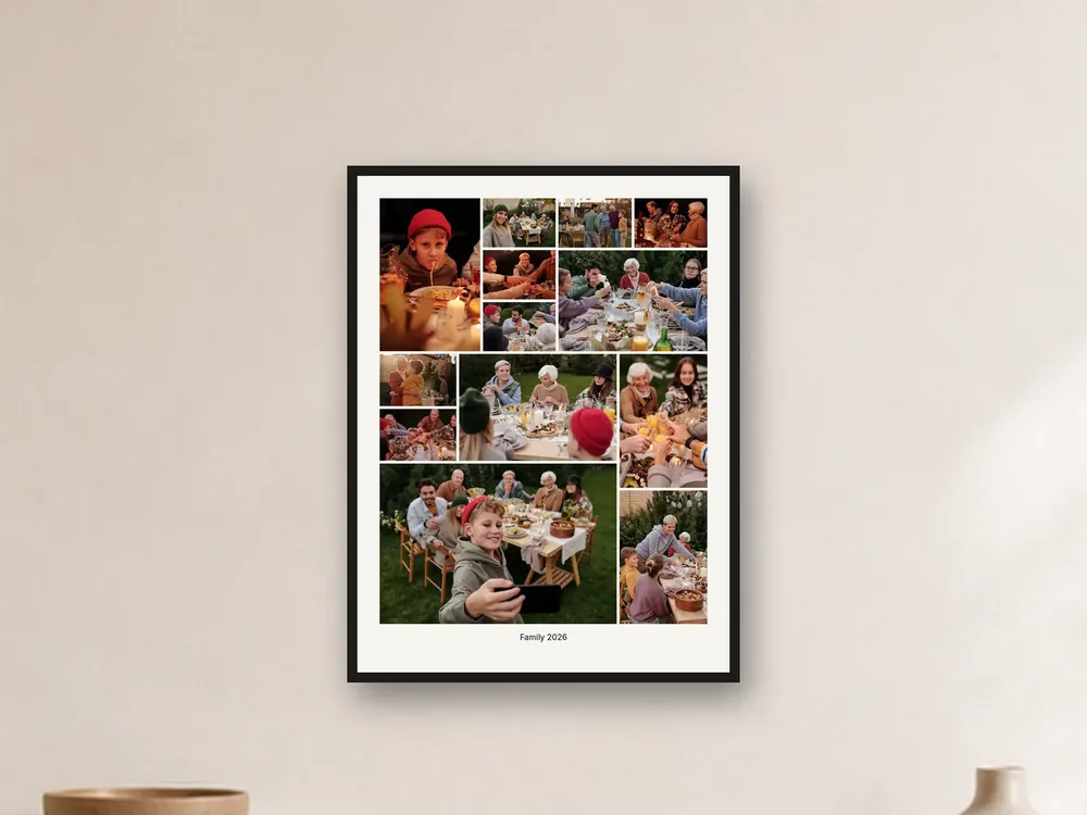 Story Collage example: 13 family photos on a 45 × 60 cm print in a living room (visualisation)