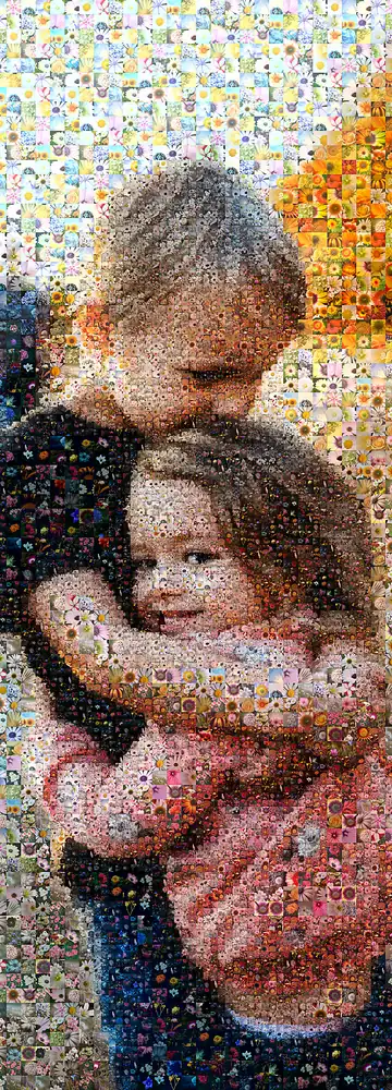 Photo mosaic example: two children made of flower photos