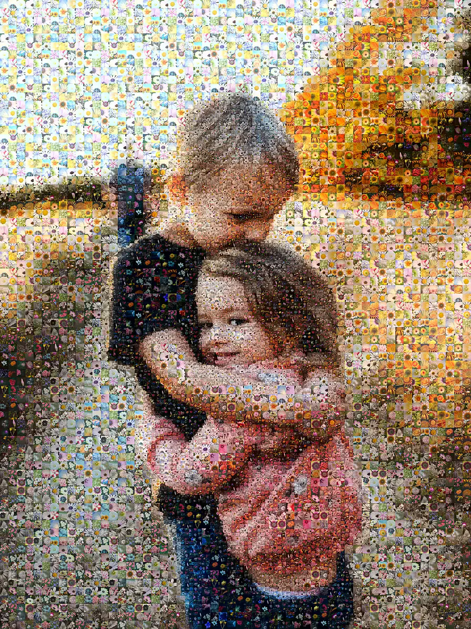 The same photo as a photo mosaic example made of flower photos