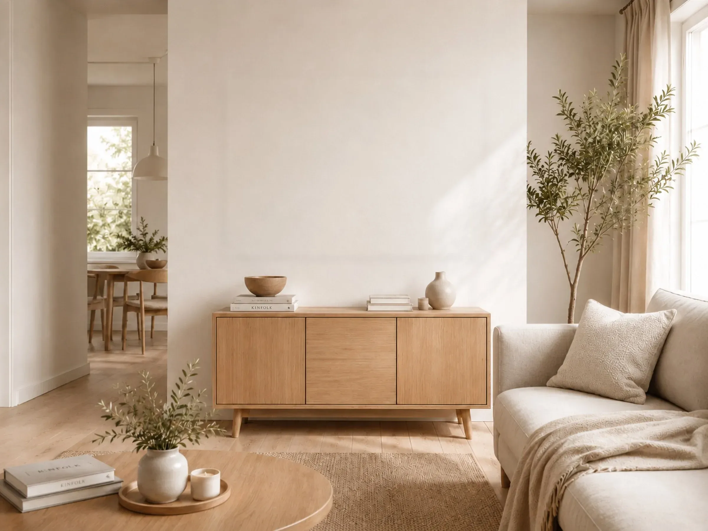 Visualisierung: dein Mosaik an einer Wohnzimmerwand über einem 160 cm breiten Sideboard